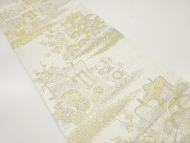 JAPANESE KIMONO / ANTIQUE FUKURO OBI / WOVEN CARRIAGE & KIKU